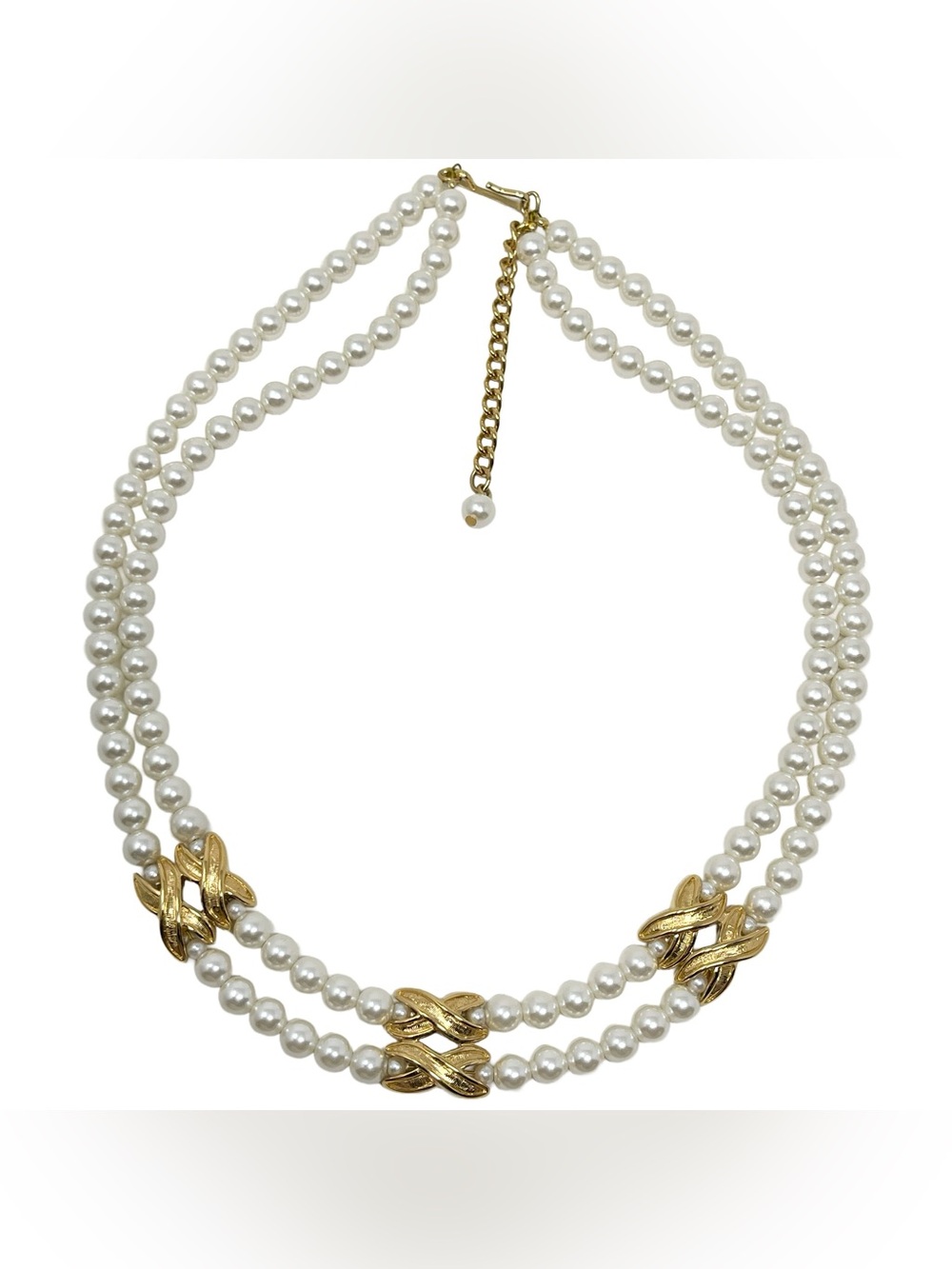 Vintage Napier Double Strand Faux Pearl And Gold Tone Necklace Regal Designer
